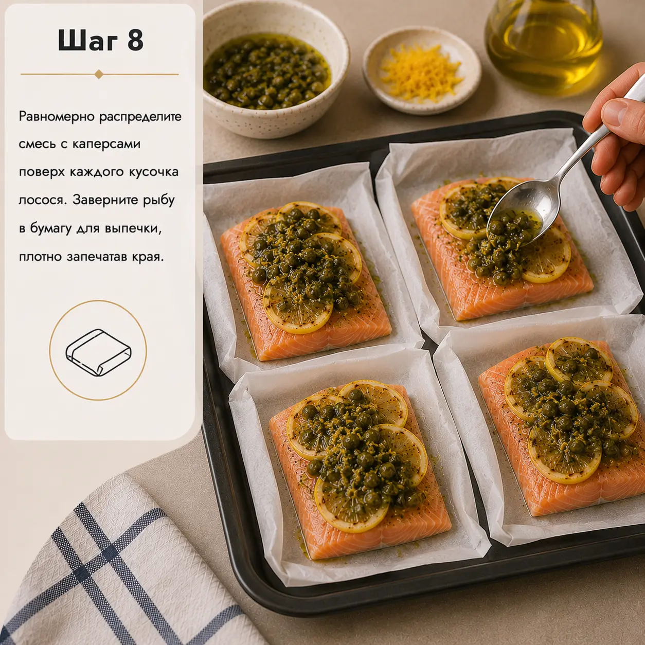 Смесь из каперсов, лимонной цедры и оливкового масла распределяется по филе лосося